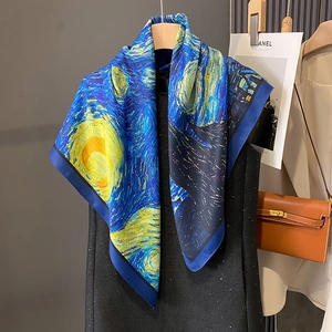 Foulard Carré Imprimé Art Van Gogh Polyester Toucher Satin Nuit Étoilée Iris À La Mode Élégant Femmes