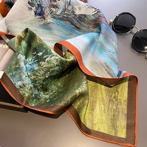 Vintage impressionist painting silk scarf with landscape print and twill weave texture