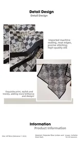 Detail of 68x68cm polyester scarf with black and white plaid floral pattern