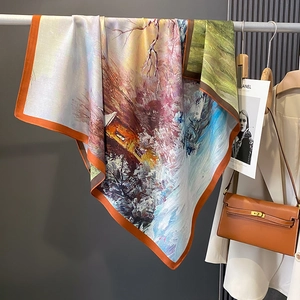 Vintage Square Scarf Polyester Satin Feel Impressionist Oil Painting Landscape Print Elegant Fashion Shawl Wrap For Women