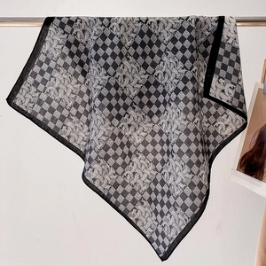 Elegant black and white checkerboard square scarf with vintage floral patterns and black edges