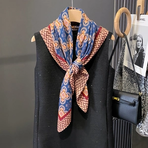 Vintage pattern silk scarf wrap in navy and burgundy styled on a black summer dress