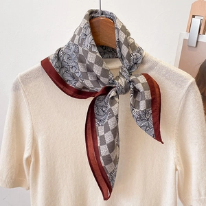 Elegant grey checkered cotton linen scarf with floral print and tan silk border