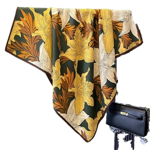 Elegant 90cm floral silk scarf with vintage yellow lily prints and dark green background