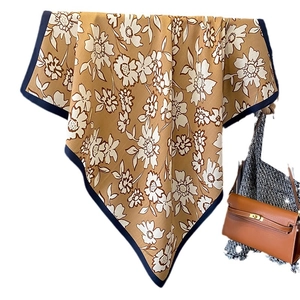 Floral print silk scarf in beige with brown pattern and dark borders for women