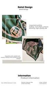 Detail view of 68x68cm square silk scarf with horse and chain patterns on green background