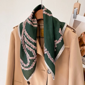Women Elegant Dark Green Satin Square Scarf Horse Head Chain Pattern Fashion Neck Scarf Hair Band Shawl Professional Office Accessory