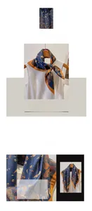 Detail of navy blue cotton linen scarf featuring orange floral embroidery and soft texture