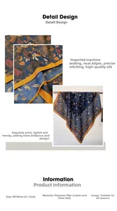 Detail of dark blue floral polyester scarf showing vintage pattern and 68x68cm size