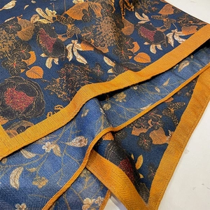 Elegant vintage floral navy blue silk scarf with classic herringbone pattern and gold border