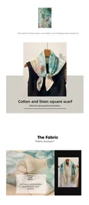 Detail of teal vintage print cotton linen scarf with skin-friendly breathable texture