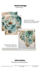 Detail of floral printed square scarf with precise edge stitching and 68x68cm dimensions