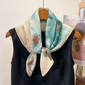 Artistic oil painting style cotton linen scarf with abstract blue and beige patterns