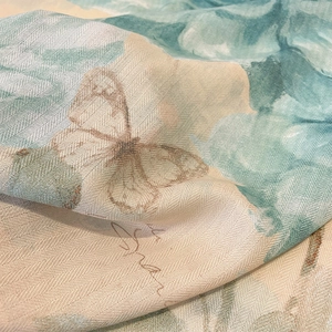 Elegant cotton-linen scarf featuring artistic butterfly print and herringbone texture