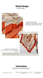 Detail of 68x68cm square polyester scarf with orange horse and chain harness print