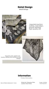 Detail of dark green floral print scarf showing polyester fabric and neat machine stitching
