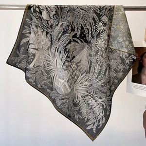 Vintage tropical print scarf in dark green and beige silk-touch fabric with hand-rolled edges