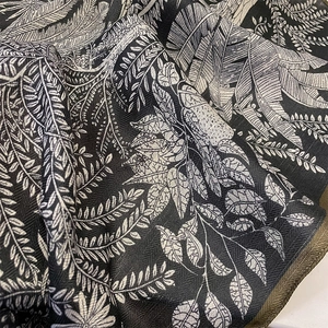 Vintage herringbone scarf with tropical leaf prints and premium overlock edge stitching