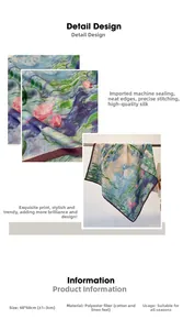 Detailed close-up of Monet style oil painting floral print scarf with neat machine-sewn edges