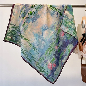 Impressionist oil painting water lily silk scarf with water blue and green floral patterns