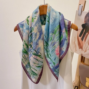 Women French Elegant Impressionist Water Lily Oil Painting Square Scarf Cotton Linen Feel Floral Scarf Decorative Handkerchief