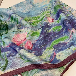 Impressionist oil painting style silk scarf featuring Monet-inspired water lily pattern