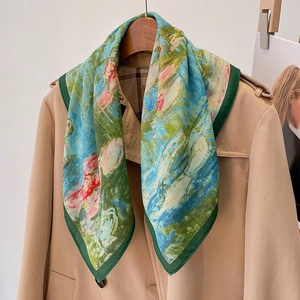Artistic oil painting style cotton linen scarf draped on a trench coat for a stylish look