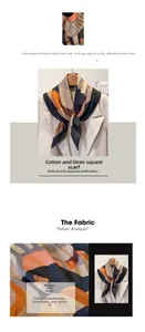 Detail of color-block geometric cotton linen scarf showing soft texture and blazer styling