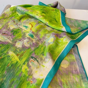 Vintage impressionist oil painting silk scarf with green and purple floral patterns