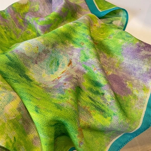 Vintage abstract printed silk scarf with green and purple herringbone texture pattern