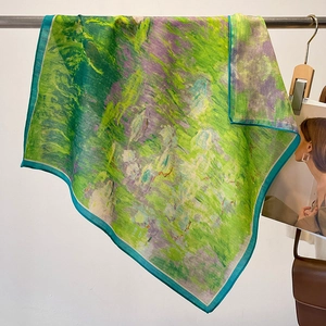 Vintage impressionist oil painting floral silk square scarf for women in green and purple