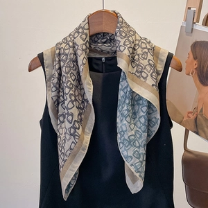 Women Elegant Geometric Square Scarf Polyester Satin Look Neck Kerchief Minimalist Grey Blue Small Shawl Wrap Fashion Accessory