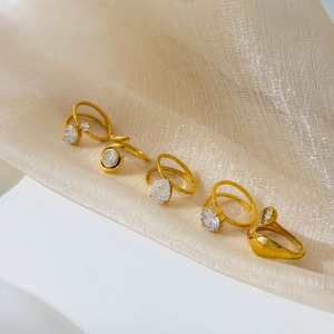 Anello Aperto Geometrico Zircone Acciaio Inossidabile Placcato Oro 18K Spirale Minimalista Tondo Goccia Gioielli Moderni Donna