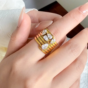 5-layer 18K gold plated titanium steel wide band ring with pear-cut zircon cluster