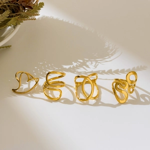 Minimalist Geometric Rings For Women Stainless Steel 18K Gold Plated Hollow Heart Curved Line Aesthetic Jewelry