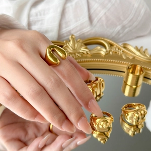 Statement Rings 18K Gold Plated Titanium Steel Chunky Geometric Letter NO Conch Star Body Shape Retro Jewelry Women