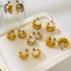 Boucles D'oreilles Créoles En C Pour Femmes Bicolore Creux Géométrique Arc Acier Inoxydable Plaqué Or 18K Bijoux
