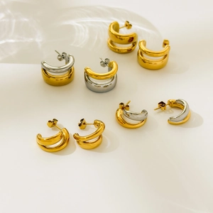 Boucles d'oreilles créoles en forme de C bicolores or et argent en acier inoxydable poli
