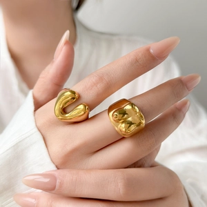 Minimalist 18K gold plated titanium steel rings with U-shape and chunky square designs