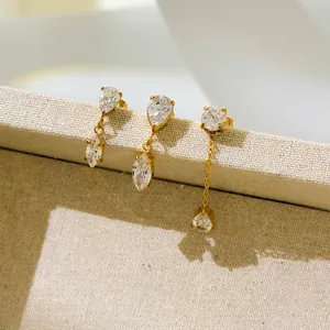 18K gold plated stainless steel zircon drop earrings with elegant tassel chain styles