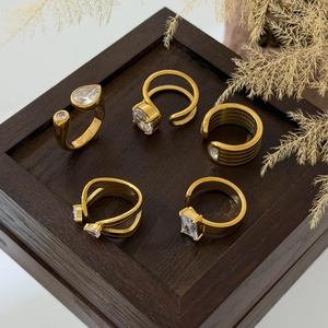 Zircon Geometric Open Rings 18K Gold Plated Stainless Steel Adjustable Minimalist Jewelry Accessory For Women