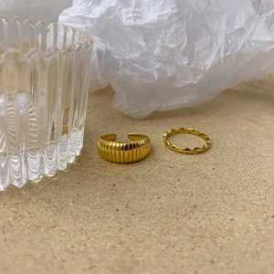 Minimalist gold olive leaf open ring set featuring textured band and twisted rope design