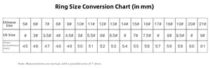 Detailed size chart for rings showing US and CN sizes with circumference in mm