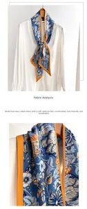 Detailed macro view of retro floral cotton-linen feel scarf with blue leaf print and orange edges