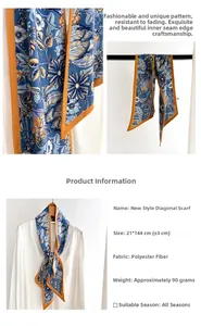 Close-up of 21x144CM floral polyester scarf showing vintage pattern and seam details