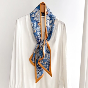 Women Vintage Floral Print Long Narrow Scarf Polyester Skin Friendly Neck Scarf Hair Band French Style Bag Ribbon