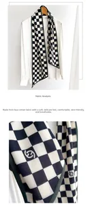 Detailed close-up of checkerboard scarf fabric texture and logo design on white shirt
