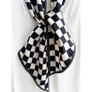 Classic black and white checkered silk scarf with green border for women neck styling