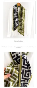 Vue détaillée du motif géométrique vert olive sur le tissu doux effet soie du foulard