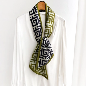 Écharpe Étroite pour Femmes Motif Géométrique Satin Foulard Cravate Professionnel Bureau Bandeau Ceinture Accessoire
